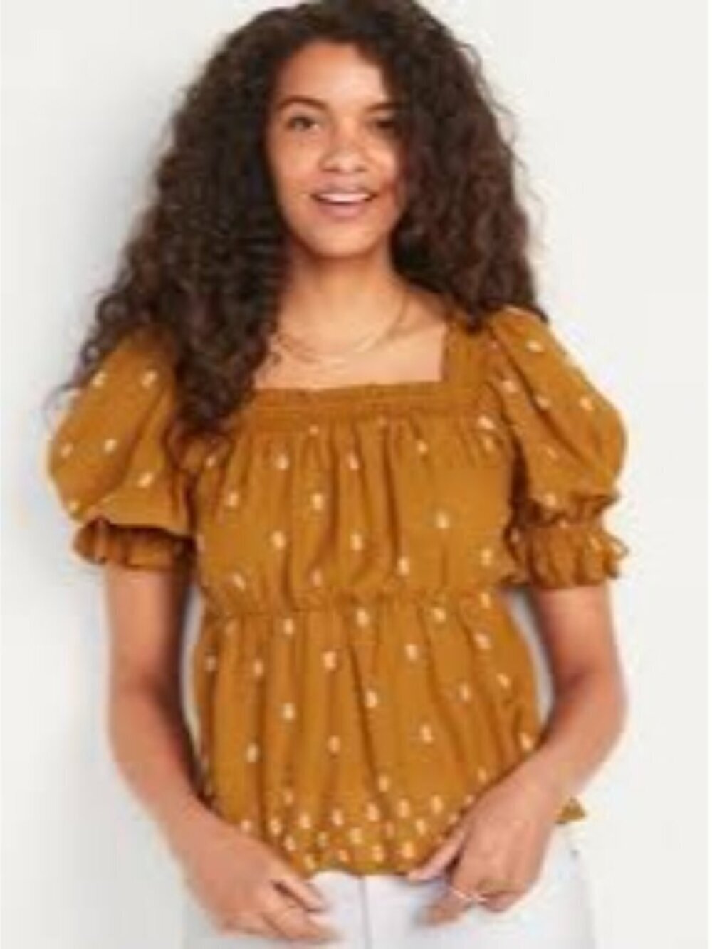 Old Navy Mustard Yellow Embroidered Puff Sleeve Smocked Peplum Top Women M
